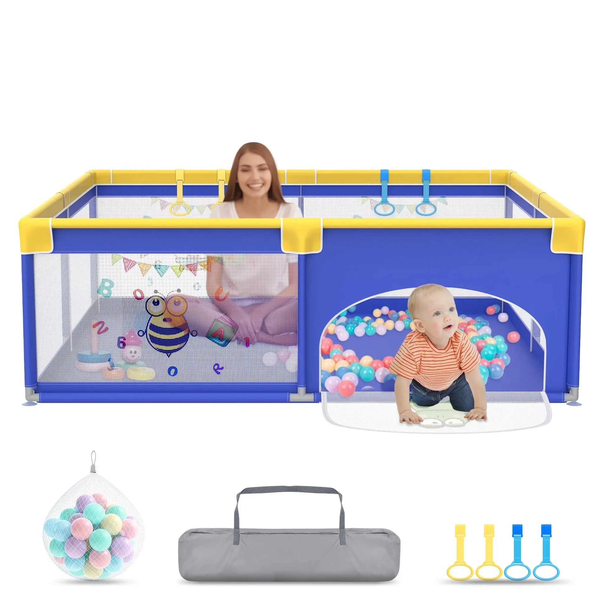 NAIZY Baby Playpen with Non-Slip Base & Safety Net - Blue Animal Pattern Indoor/Outdoor Baby Activity Center, Durable Fabric with Easy Assembly, Baby Playpen for Indoor, Newborn Safety Design, Sturdy Side Support Mon Shopping Bébé