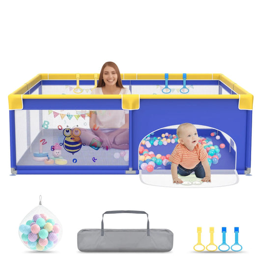 NAIZY Baby Playpen with Non-Slip Base & Safety Net - Blue Animal Pattern Indoor/Outdoor Baby Activity Center, Durable Fabric with Easy Assembly, Baby Playpen for Indoor, Newborn Safety Design, Sturdy Side Support Mon Shopping Bébé