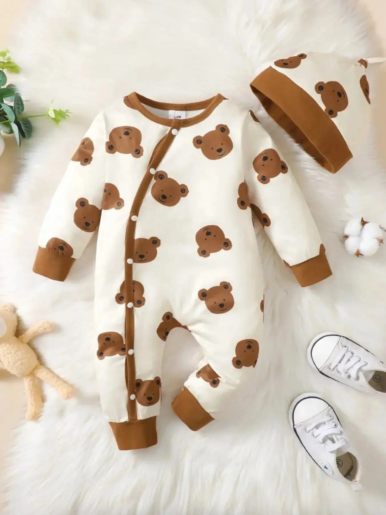 Barboteuse d'hiver pour nouveau-né garçon, imprimé ours, manches longues, boutonnée sur le devant, une pièce, vêtements doux à la mode pour bébé Mon Shopping Bébé